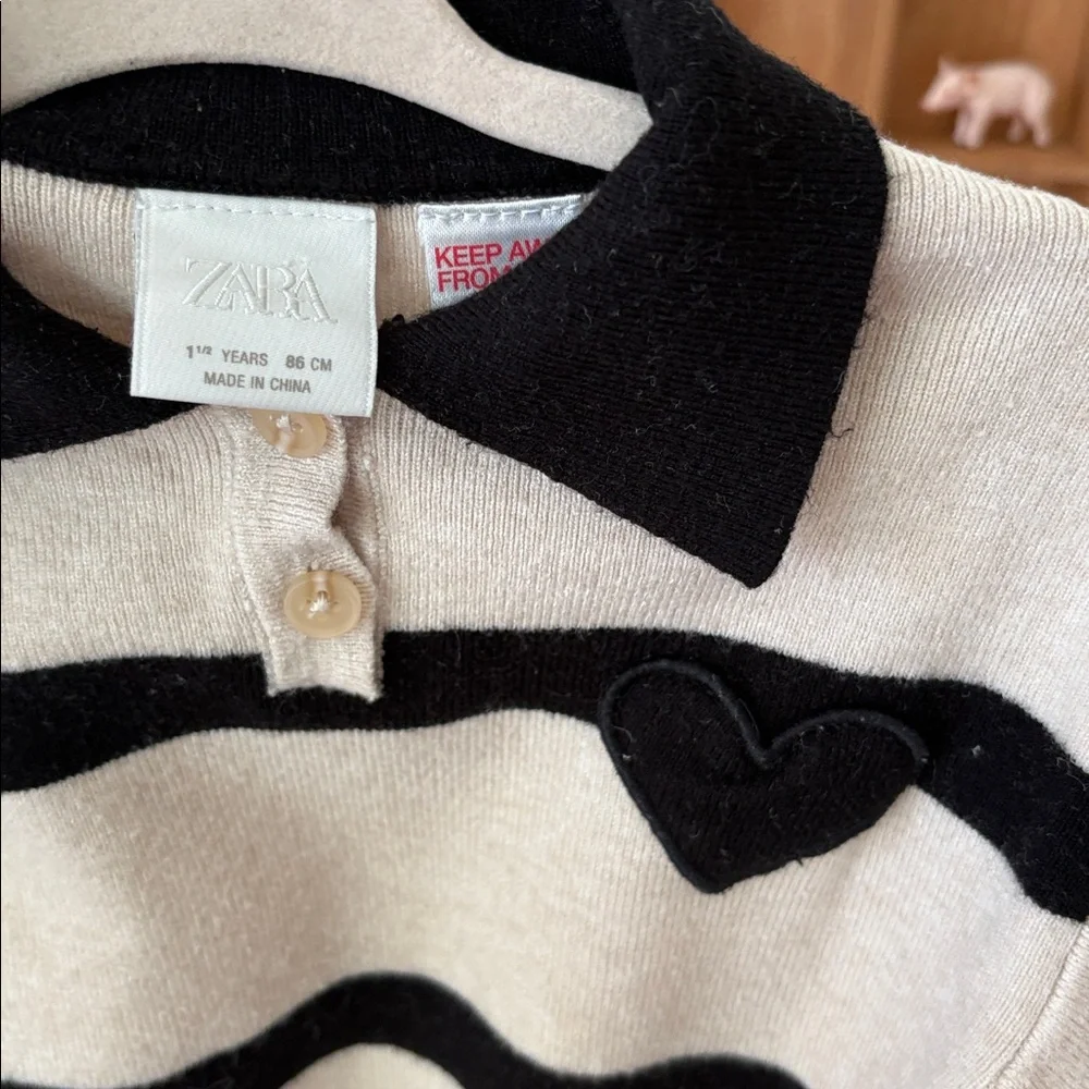 Zara Black and Cream Striped Polo Sweater with Heart Oatch